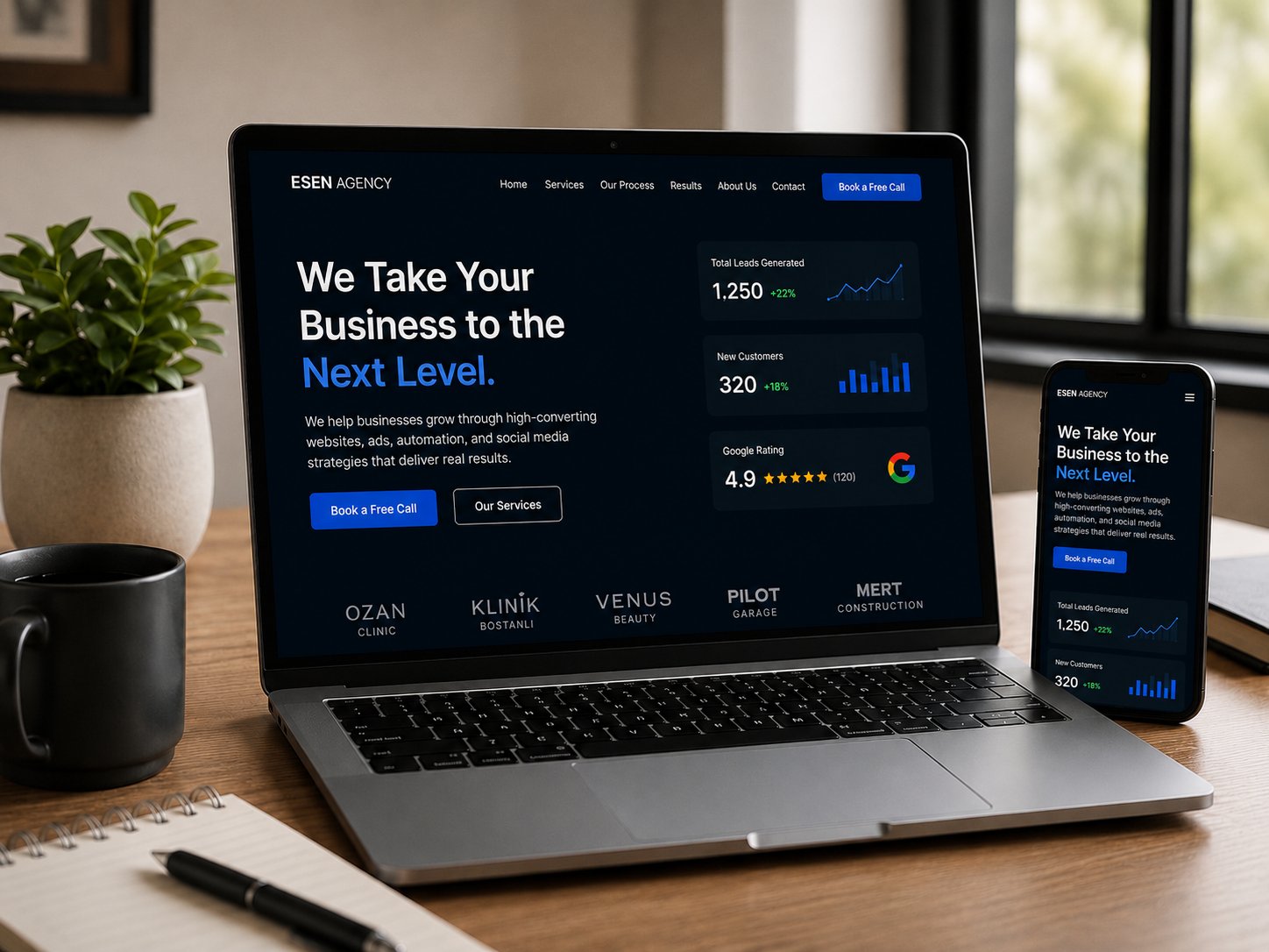 A visual representing a professional website built by Esen Agency